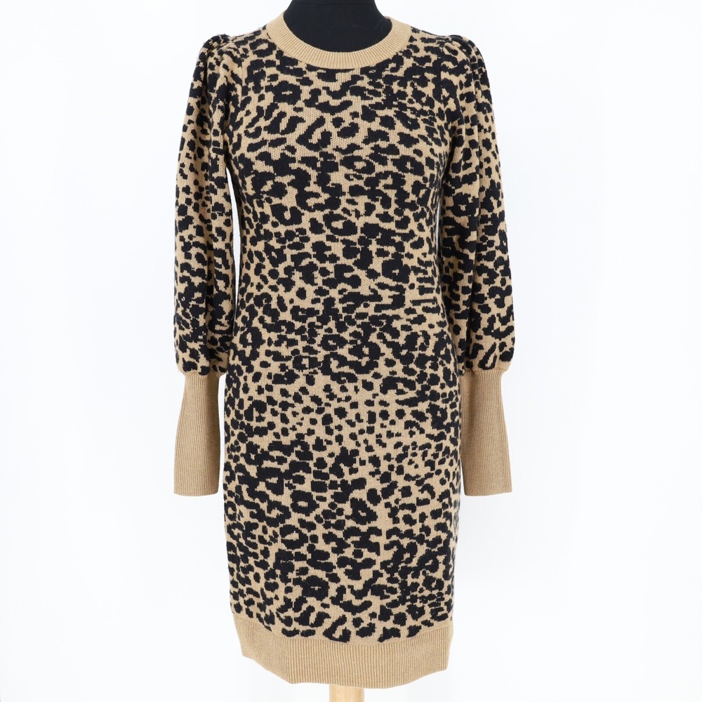 Loft Wool Blend Sweater Dress Beige Leopard Print Ribbed Scoop‎ Bishop Sleeve XS